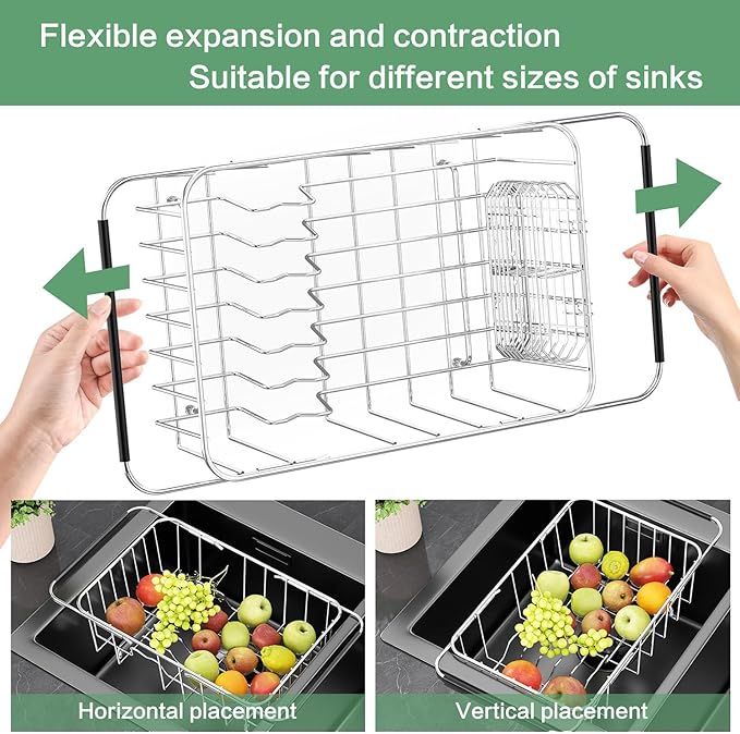 Fanbsy Small Dish Drainer Rack in Sink Adjustable, Expandable Stainless Steel Metal Dish Drying Rack Organizer with Stainless Steel Utensil Holder Over Inside Sink Counter, Rustproof(for 1-2 People)