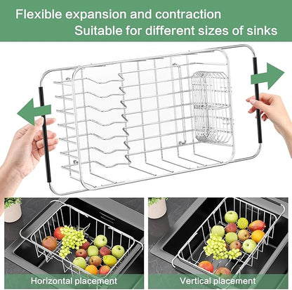 Fanbsy Small Dish Drainer Rack in Sink Adjustable, Expandable Stainless Steel Metal Dish Drying Rack Organizer with Stainless Steel Utensil Holder Over Inside Sink Counter, Rustproof(for 1-2 People)