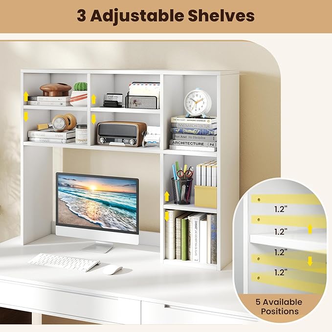 Desk Hutch, Desktop Shelf with 7 Shelves, Desk Bookshelf w/Anti-Toppling Devices, Wood Table Top Bookshelf Organizer, Small Desk Shelf for Study, Office, Dorm (White, 7 Shelves)