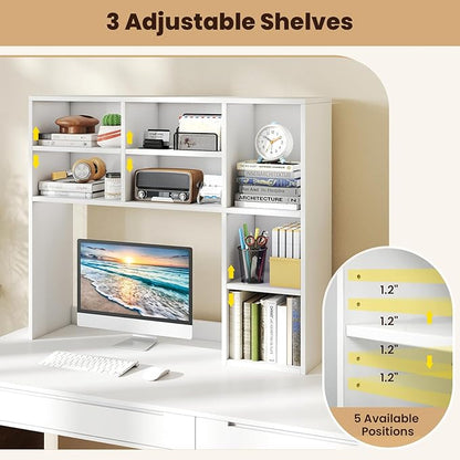 Desk Hutch, Desktop Shelf with 7 Shelves, Desk Bookshelf w/Anti-Toppling Devices, Wood Table Top Bookshelf Organizer, Small Desk Shelf for Study, Office, Dorm (White, 7 Shelves)