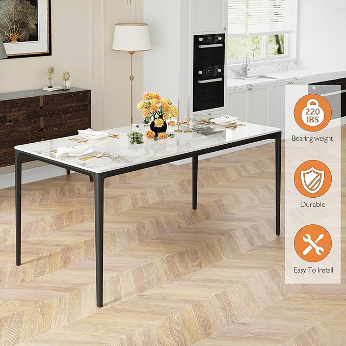 Dining Table, Sintered Stone Kitchen Table, 63'' White Modern Rectangular Slate Patio Table with Metal Legs, Indoor Outdoor Stone Dining Table for Patio, Backyard, Scratch and Heat Resistant