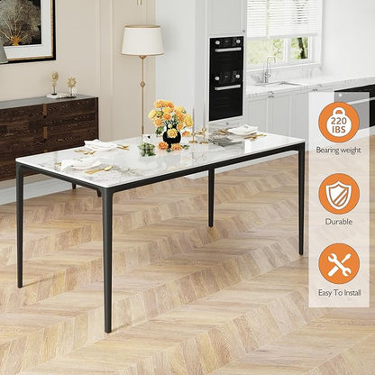 Dining Table, Sintered Stone Kitchen Table, 63'' White Modern Rectangular Slate Patio Table with Metal Legs, Indoor Outdoor Stone Dining Table for Patio, Backyard, Scratch and Heat Resistant