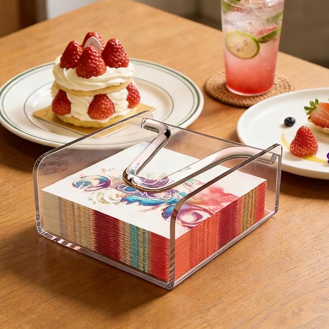 Clear Acrylic Gravity-Fed Napkin Holder with Weighted Arm, 6.5x6.5 Inch - Keeps Napkins in Place, Stable for Outdoor Dining Table & Patio