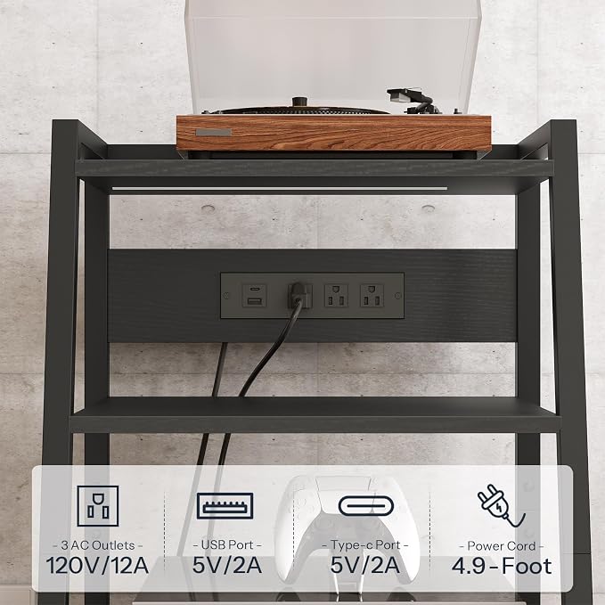 HOOBRO 4-Tier AV Media Stand with Charging Station and LED Light, Wooden Stereo Cabinet, Game Console Stand, Media Audio Tower Rack, Record Player, Small Entertainment Center, Black BB106UDCJ01