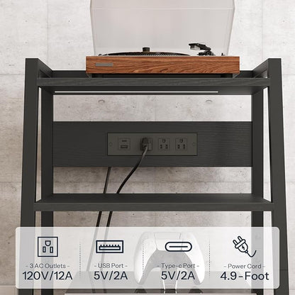 HOOBRO 4-Tier AV Media Stand with Charging Station and LED Light, Wooden Stereo Cabinet, Game Console Stand, Media Audio Tower Rack, Record Player, Small Entertainment Center, Black BB106UDCJ01