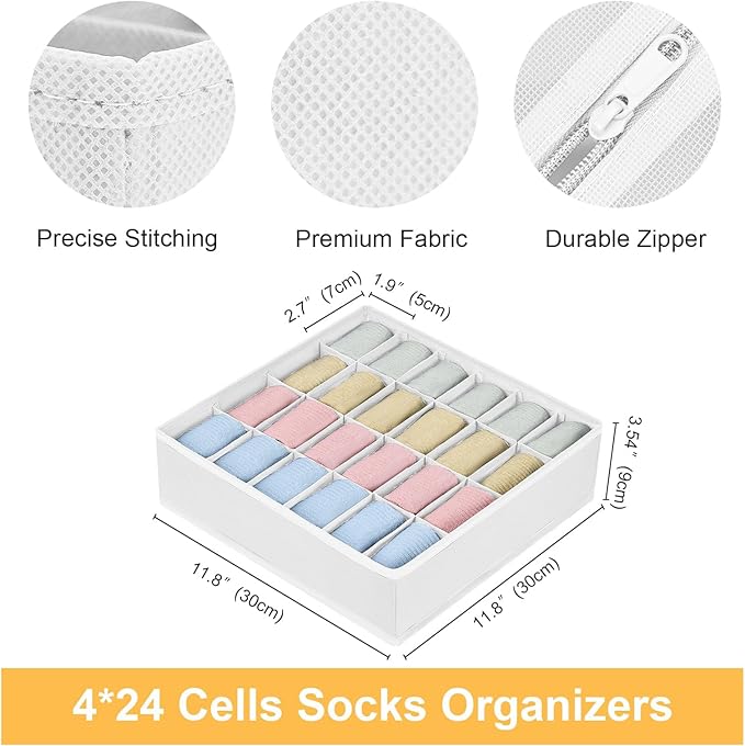 joyoldelf Sock Drawer Organizer Divider Underwear Organizer 24-cell Fabric Dresser Drawer Organizers Storage Boxes for Socks Lingerie, Handkerchiefs, Ties 4 Pack (White)