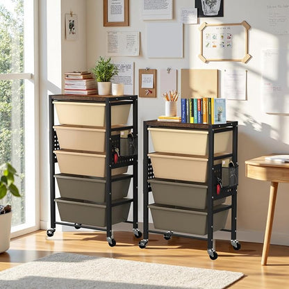 Rolling Cart with 5 Drawers, Plastic Drawer Storage Carts with Wheels & Wooden Tabletop, Metal Utility Cart with Pegboards, Office Living Room Classroom Craft Organization and Storage, Dark Brown