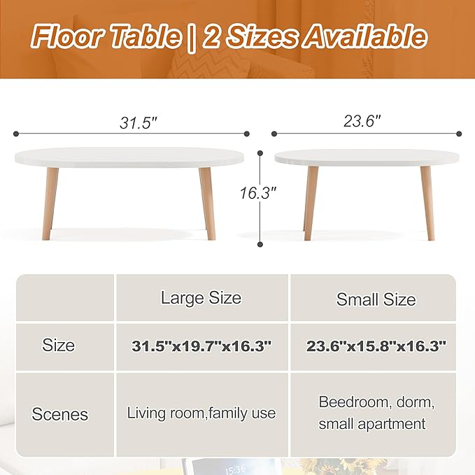 Coffee Table Low Table with Solid Wood Legs, 31.5x19.7 Large Coffee Table Side Table, Floor Table Desk for Sitting on The Floor, Living Room Furniture for Office Apartment Home, Oval White