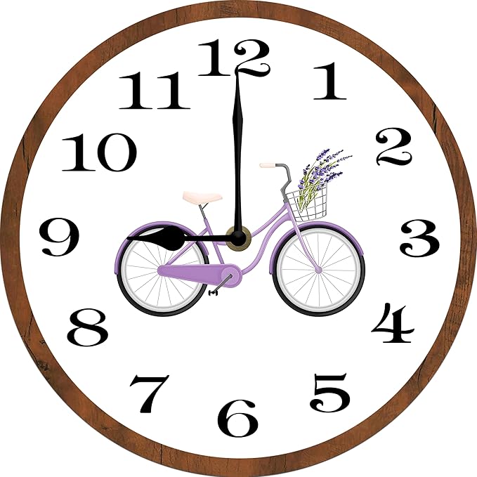 Purple Bicycle Wall Clock 10 Inch Wooden Battery Operated Autumn Forest Maple Leaves Wall Clocks Decorative Indoor,Decorative for Kitchen Bathroom Bedroom