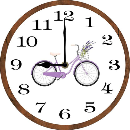 Purple Bicycle Wall Clock 10 Inch Wooden Battery Operated Autumn Forest Maple Leaves Wall Clocks Decorative Indoor,Decorative for Kitchen Bathroom Bedroom