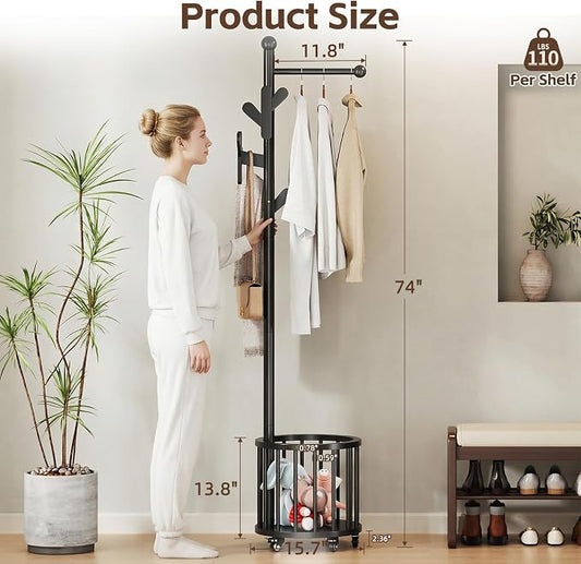 Uniclinens Freestanding Wooden Coat Rack with Umbrella Holder，Black Coat Rack with Hooks, Space-Saving Entryway Organizer for Hanging Clothes and Storing Towels, Bedroom, Living Room