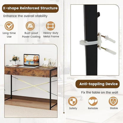 GOFLAME Modern 2-Drawer Computer Desk, Home Office Desk w/Reinforced Heavy-Duty Metal Frame, Versatile Study Writing Desk w/Anti-Tip Kit, Ideal for Bedroom, Study, Office, Small Spaces, Rustic Brown