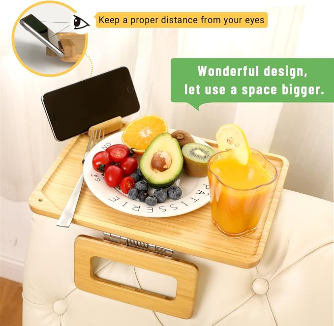 Smatdecis Couch Arm Tray Table Sofa Arm Clip, Armrest Tray Table Suitable for Home Drinks/Fast Food/Fruit Etc, Large Size Multi-Function Natural(360° Rotating Stand B)