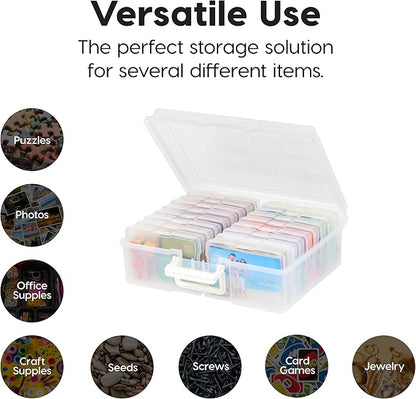 IRIS USA 4" x 6" Photo Storage Box Craft Keeper, Transparent Handle Container with 16 Organization Holder Cases for Pictures, Tasks, Scrapbooking, Ephemera, Stationery Storage, Clear