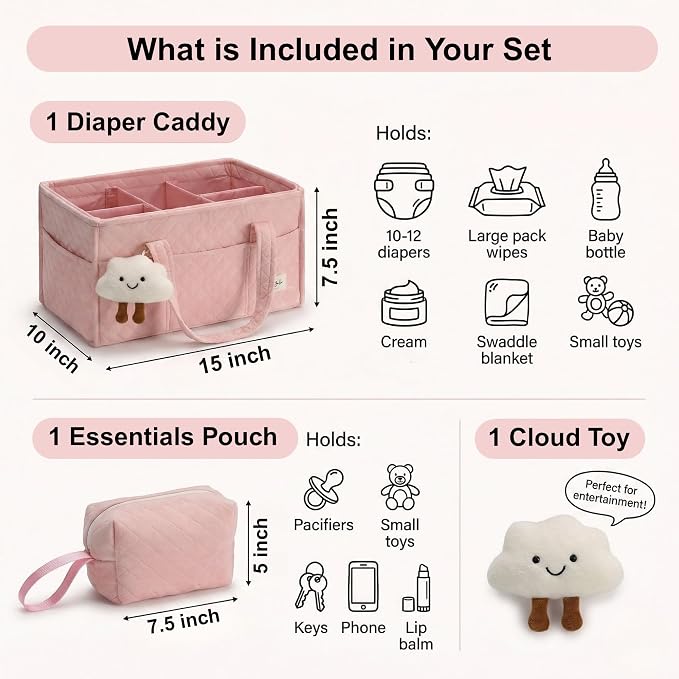 PeraBella Baby Diaper Caddy Organizer, Baby Basket Shower Gift, Portable Changing Table Basket, Postpartum Caddy & Tote Bag Pouch, Newborn Boy & Girl Nursery Essentials Registry, Car Diaper Organizer
