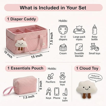 PeraBella Baby Diaper Caddy Organizer, Baby Basket Shower Gift, Portable Changing Table Basket, Postpartum Caddy & Tote Bag Pouch, Newborn Boy & Girl Nursery Essentials Registry, Car Diaper Organizer