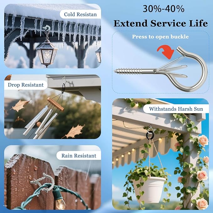 24 Pack Silver Screw Hooks with Safety Buckle - 2.3 Inch Rustproof Eye Ceiling Hooks for Hanging Plants,Outdoor String Lights,Baskets,Christmas Lights & Decor,40lb Capacity (24, Silver)
