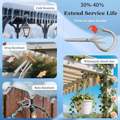 24 Pack Silver Screw Hooks with Safety Buckle - 2.3 Inch Rustproof Eye Ceiling Hooks for Hanging Plants,Outdoor String Lights,Baskets,Christmas Lights & Decor,40lb Capacity (24, Silver)