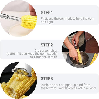 Corn Peeler and Holder Set – Stainless Steel Corn Stripper for Corn on the Cob, Safer Grip & Hand Protection, Easy Kernel Removal Tool