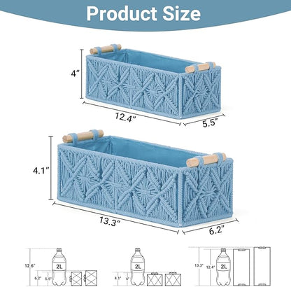 Nonam Macrame Storage Baskets, Boho Decor Style Woven Storage Boxes for Home Organization, Toilet Tank Shelf Cabinet Organizer Baskets,Set of 2,Rectangle,Blue