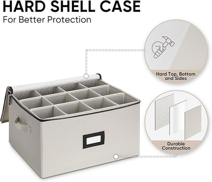 BALEINE China Storage Containers, Sturdy Quilted Wine Glass Storage, Plate Organizer with Carry Handles, Moving Boxes for Dishes, Cups, Mugs and Stemware (Wine Glass, Hard Shell Cream)