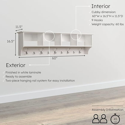 Prepac 60" Contemporary Wall Mounted Coat Rack, Coat Hooks Wall Mount with 4 Shelves, Ideal for Hallway or Entryway Hanging Solution, 11.5"D x 60"W x 16.5"H, White