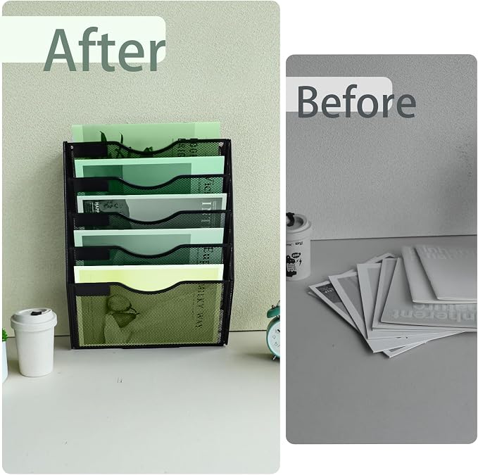 5 Tier Mesh Hanging File Organizer Vertical Wall File Organizer Wall File Holder for Office School Home, Black