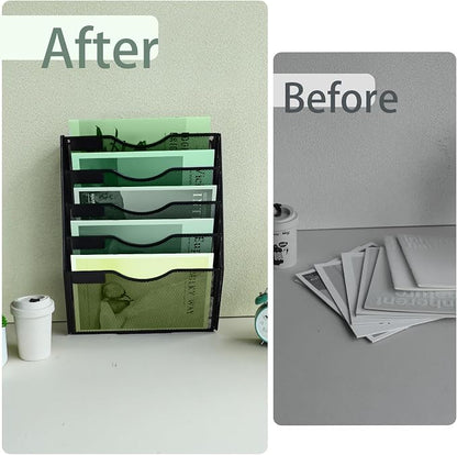 5 Tier Mesh Hanging File Organizer Vertical Wall File Organizer Wall File Holder for Office School Home, Black