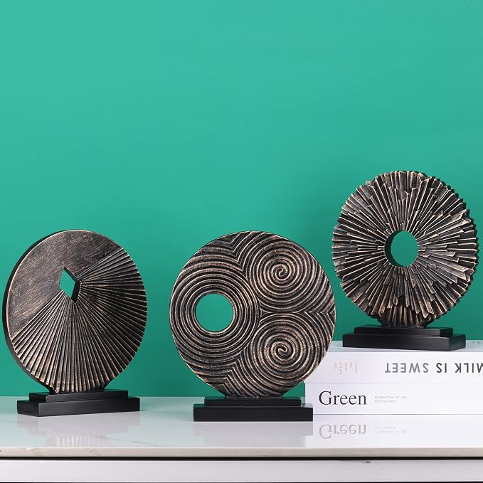 DOVDOV Black and Gold Home Decor Statue, Unique Office Decor, Round Line Medallion Statue for Room Decor, Shelf Top Decor, Entryway Entry Table, Floor Mantle Decor and Home Panel Decorations