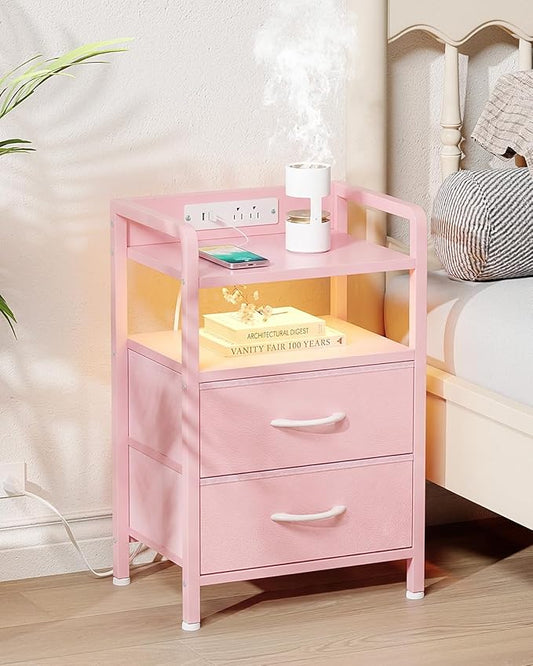 Lazzanto Night Stand Bedside Charger Bedroom - Nightstand with Charging Station & LED Light Strip, Night Stand with Storage Shelf & 2 Fabric Drawers, Morden End Table with USB Ports&AC Outlets,Pink