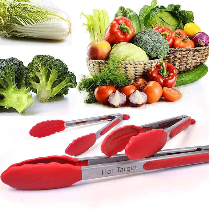 Hot Target Set of 3 (7, 9, 12 inches) Kitchen Tongs for Cooking - Heavy Duty & Non-Stick with Stainless Steel - Kitchen Tongs with Silicone Tips - Heat Resistant Long Food Tongs for Grilling BBQ - Red