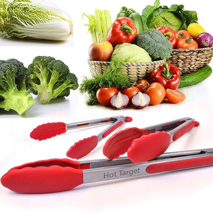 Hot Target Set of 3 (7, 9, 12 inches) Kitchen Tongs for Cooking - Heavy Duty & Non-Stick with Stainless Steel - Kitchen Tongs with Silicone Tips - Heat Resistant Long Food Tongs for Grilling BBQ - Red