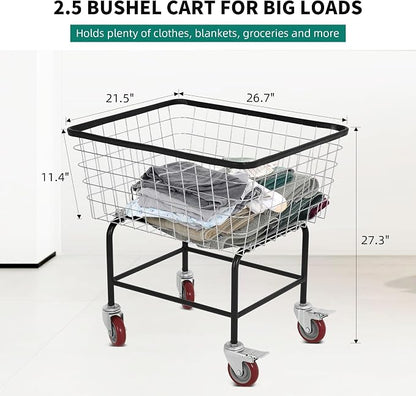 Large Rolling Laundry Cart with Wheels Holds 2 Washer Loads, Wire Laundry Basket, Heavy-Duty Steel Storage Basket with Galvanized Finish, for Commercial or Home Laundry