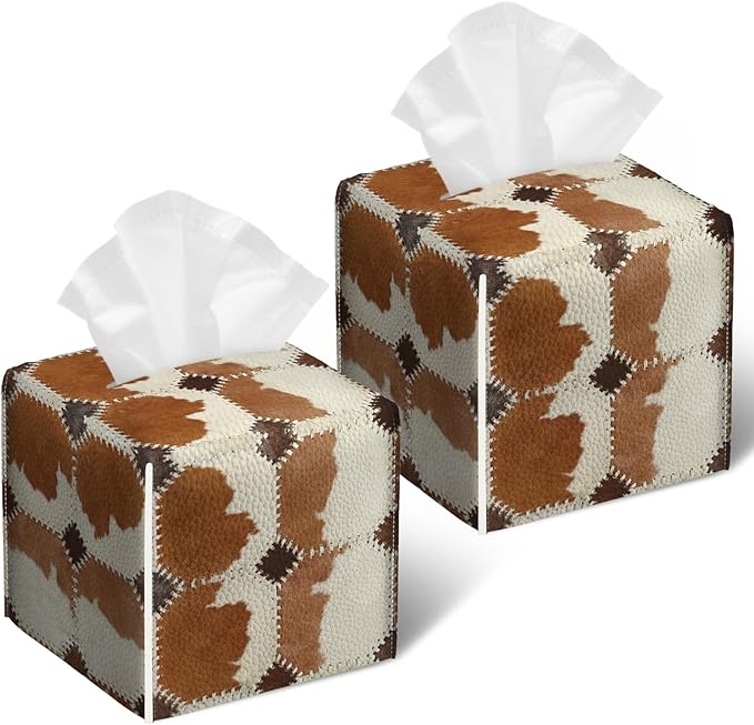Brown Cowhide Tissue Box Cover 2PCS, Cow Skin Leather Tissue Box Holder Square Facial Paper Case Tissue Box Cube Organizer for Bathroom Bedroom Desk Office