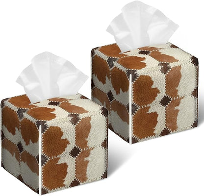 Brown Cowhide Tissue Box Cover 2PCS, Cow Skin Leather Tissue Box Holder Square Facial Paper Case Tissue Box Cube Organizer for Bathroom Bedroom Desk Office