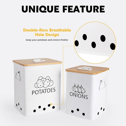Potato and Onion Storage Bin, Set of 2 Vegetable Storage Tins with Wooden Lids & Side Handles, Dual-row Ventilation Holes, Farmhouse Metal Kitchen Canisters Sets, White