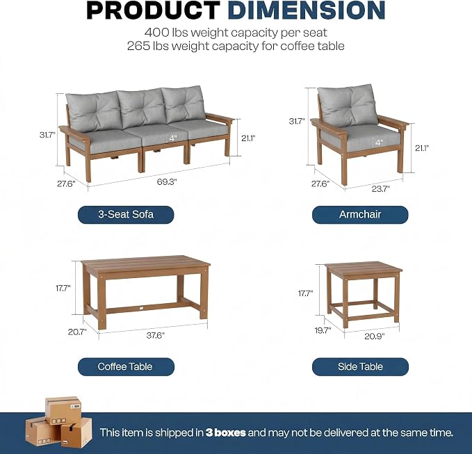 Teak HDPE Outdoor Patio Furniture Set, 10-Piece Patio Conversation Sets with Coffee Table & Washable Thick Cushions, Outdoor Sofa for Garden, Balcony, Porch, Yard, Lawn, Poolside