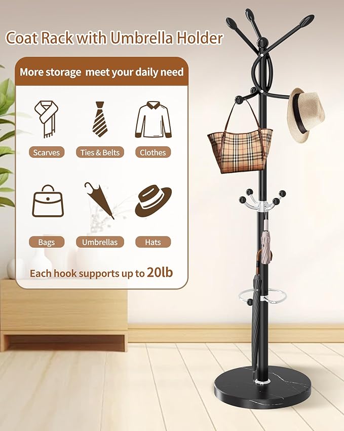 Metal Coat Rack with Natural Marble Base, Coat Rack Stand with 10 Hooks & Umbrella Holder, Black Modern Freestanging Coat Racks, Coat Jacket Hanger Tree Stand for Corner Entryway Office