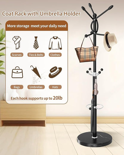 Metal Coat Rack with Natural Marble Base, Coat Rack Stand with 10 Hooks & Umbrella Holder, Black Modern Freestanging Coat Racks, Coat Jacket Hanger Tree Stand for Corner Entryway Office