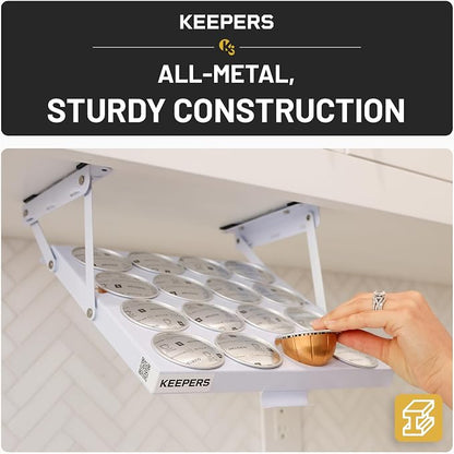 KEEPERS Nespresso® Vertuo® Pod Holder|Under Cabinet Swing Down Coffee Pod Organizer|Keurig® Coffee Pod Holder|K Cup Holder Storage Organizer|Magnet Steel RV Office Small Kitchen 10 x 9in WHITE