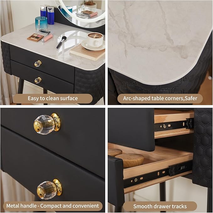 Makeup Vanity with Round Mirror, Light,Two Drawers, Cushioned Stool Set.Small Dressing Table for bedrooms and Dressing Rooms.Black