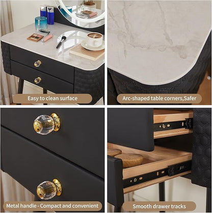 Makeup Vanity with Round Mirror, Light,Two Drawers, Cushioned Stool Set.Small Dressing Table for bedrooms and Dressing Rooms.Black