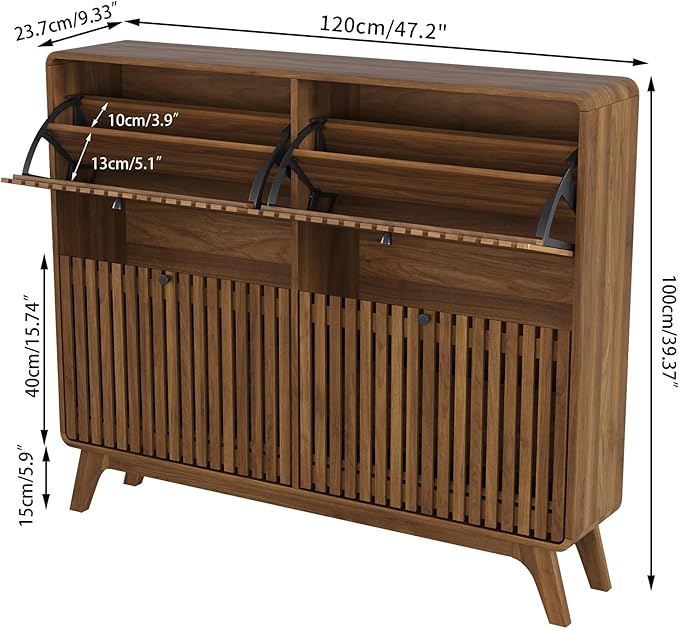 Large Shoe Cabinet for Entryway, Bamboo Narrow Shoe Cabinet Storage with 4 Flip Drawers, Slim Fluted Shoe Rack Organizer for Entry Way, Hallway, Thin, Skinny, Wood, Walnut
