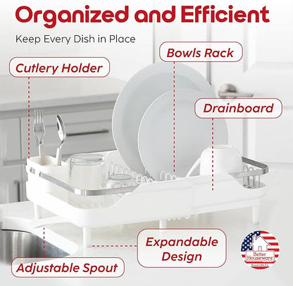 Better Houseware Expandable Dish Drying Rack - Space-Saving Stainless Steel Dish Racks for Kitchen Counter with drainboard and Detachable Cutlery Holder, Large, White