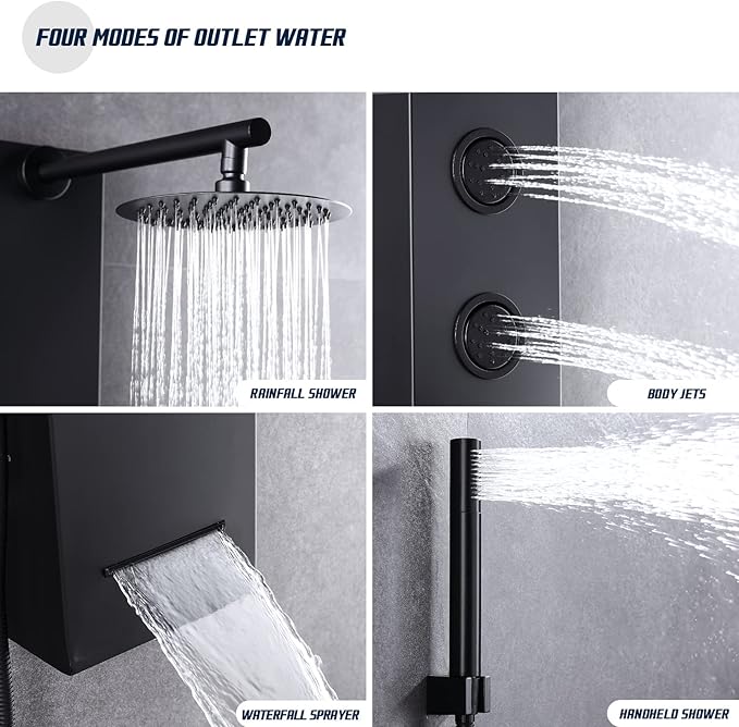 Achelous Round Rainfall Shower Head Panel System with Thermostatic,Stainless Steel High Pressure Turbo Body Jets Waterfall Shower Tower,Brass Handheld Wand in Matte Black