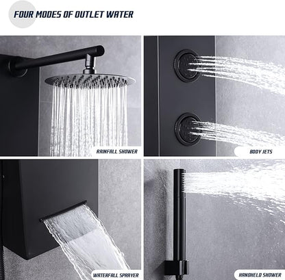 Achelous Round Rainfall Shower Head Panel System with Thermostatic,Stainless Steel High Pressure Turbo Body Jets Waterfall Shower Tower,Brass Handheld Wand in Matte Black