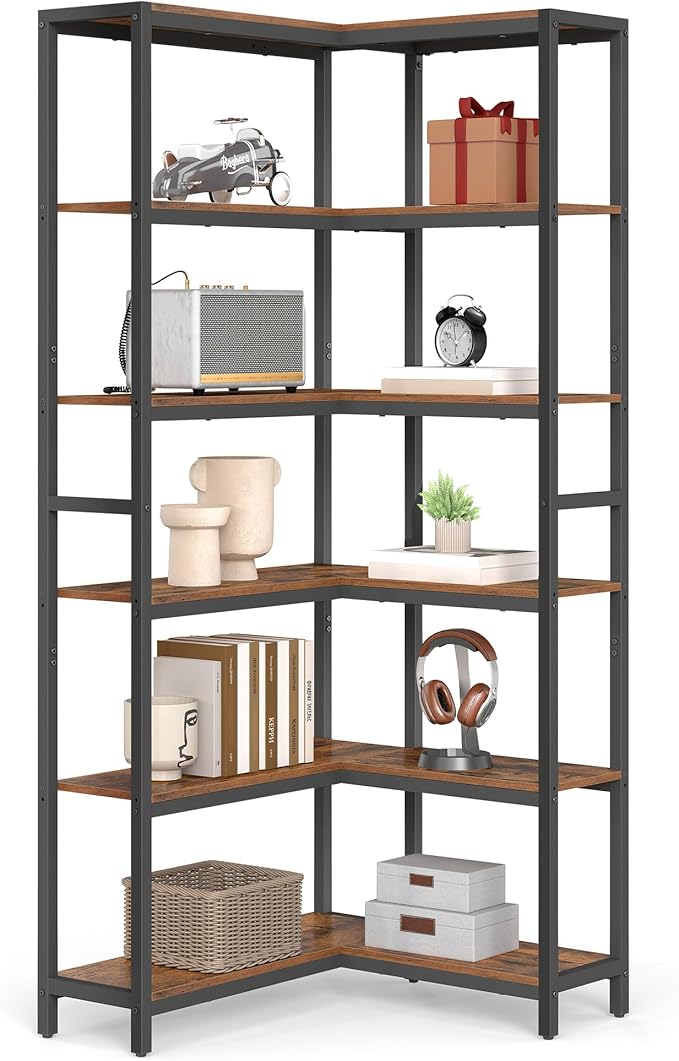 VASAGLE 6 Tier Bookshelf with Metal Frame, Convertible Industrial Corner Shelf, 9.4 x 40.2 x 69 Inches, for Living Room, Bedroom, Home Office, Rustic Brown and Ink Black ULLS606K01