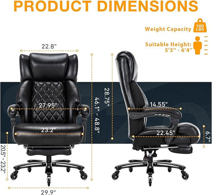 500 LBS Big and Tall Office Chair with Foot Rest High Back Recline Ergonomic Chair for Heavy People, Executive Office Chair Comfortable for Home Office, Large Computer Desk Chair Black