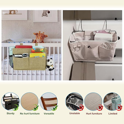 Surblue Bedside Caddy Hanging Bed Organizer Storage Bag Pocket for Bunk and Hospital Beds, College Dorm Rooms Baby Bed Rails, Camp 4 Pockets and 2 Hooks (Small,Linen)