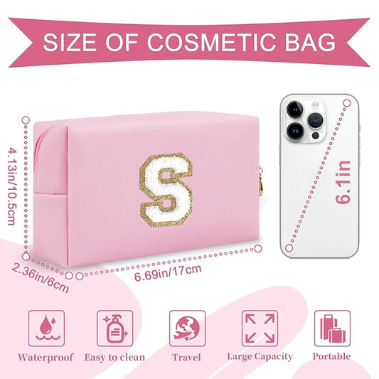 Personalized Initial A-Z Preppy Patch Makeup Bag,Small PU Chenille Letter Cosmetic Bag with Zipper for Teen Girls,Pink Cute Toiletry Organizer Bag,Monogram Makeup Case Gift for Women Girls,Letter S